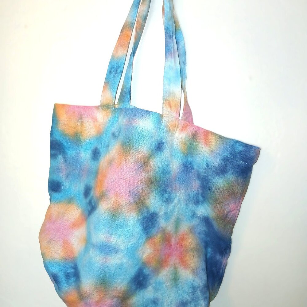 Tie Dye Tote Bag Cotton Reusable Grocery Bag With Blue Pink Orange Handmade - Picture 9 of 16